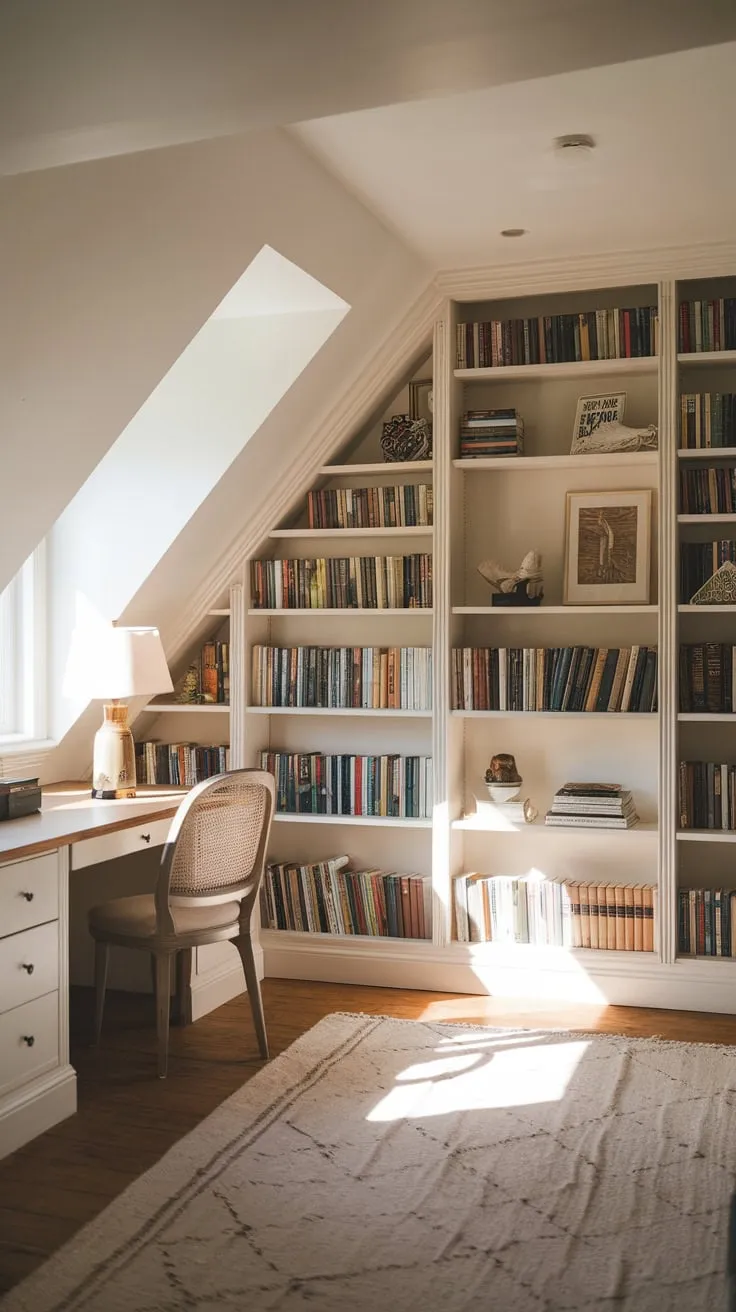 Sunlight streams through the attic's dormer windows, painting the dust motes dancing in the air gold as you step into a library that feels like a warm embrace, beckoning you to surrender to the stories held captive within its meticulously arranged shelves and invitingly plush corners.