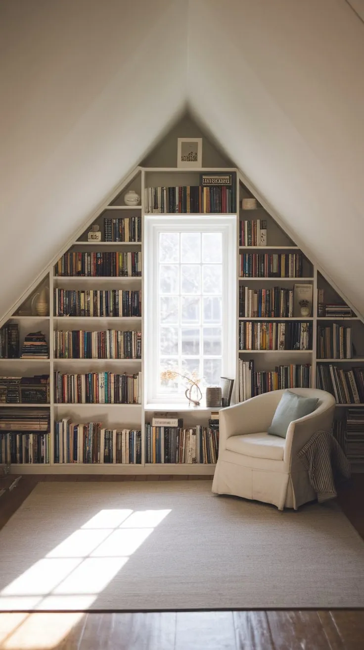 Ascend into the attic library, where the scent of aged paper hangs heavy in the air, and the honeyed glow of the wooden floor reflects in the endless rows of books; here, you're not just invited, but compelled to shed the weight of the world and become gloriously lost within the labyrinth of stories waiting to be discovered.