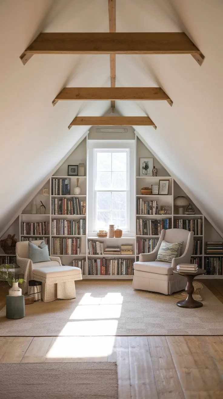 This attic library exudes warmth and charm, inviting you to lose yourself in the pages of countless stories amidst its cozy, well-organized surroundings.