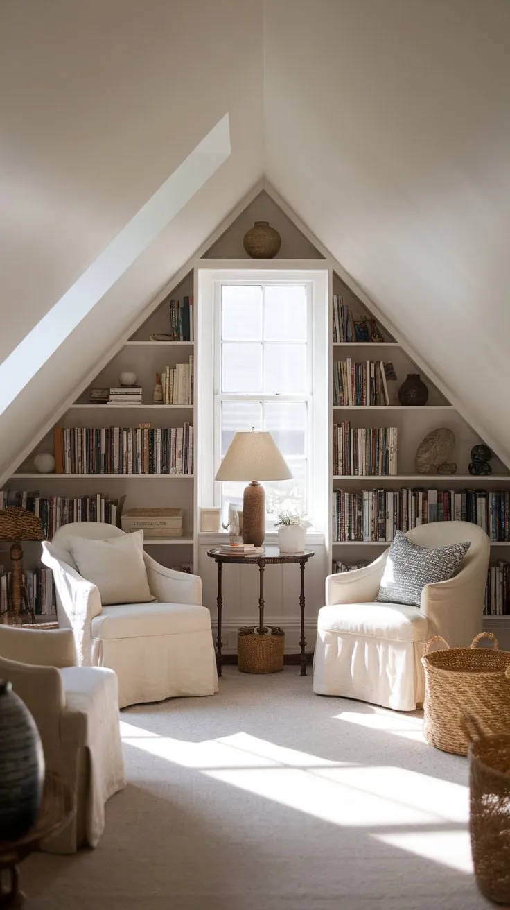 This attic library invites you to lose yourself in the pages of a good book, surrounded by warmth and thoughtful decor that inspires creativity and reflection.