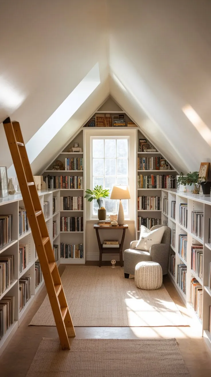 The attic library hums with a quiet energy, its shelves a meticulously curated labyrinth promising escape; you feel the pull of untold stories, each book a portal to a new world, accessible with a single, thrilling climb.
