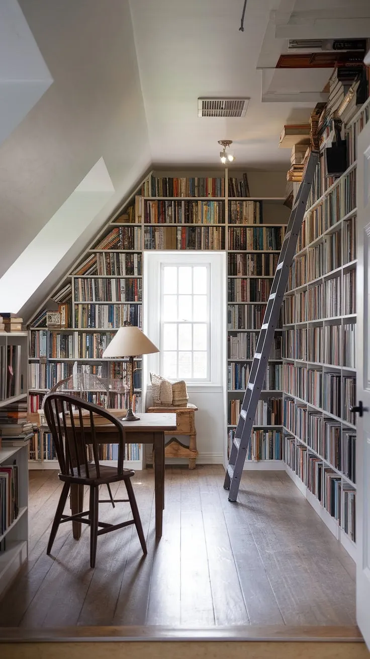 This attic has been reborn as a haven for book lovers.  The attic collection, a testament to years of passionate collecting, fills every inch of this attic library.  From floor to ceiling, attic books beckon from their shelves, promising untold adventures.  With a ladder for reaching the highest attic archives, this attic reading room offers a unique attic study and attic research space, providing ample attic resources and attic book storage.  A true testament to the power of transforming unused space into an inspiring attic literature haven.