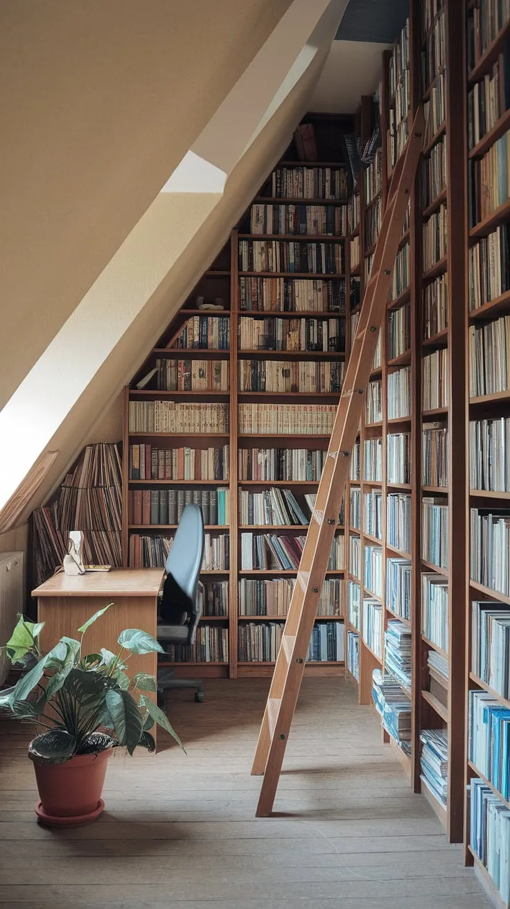 Escape to this tranquil attic reading room, where an attic collection of literature and attic archives fill custom-built bookshelves.  The perfect attic study and attic research space, brimming with attic resources and attic book storage, this attic library offers endless possibilities for quiet contemplation.  A wooden desk, chair, and potted plant add to the cozy ambiance of this unique attic books haven.
