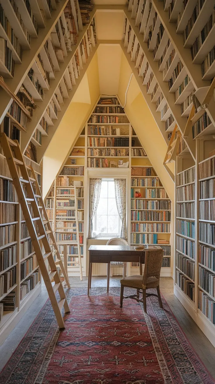 Imagine discovering this hidden attic library, a treasure trove of attic archives and attic books.  The warm yellow light enhances the beauty of this attic collection, a haven for readers and researchers alike.  Climb the ladders, explore the attic resources, and lose yourself in the quiet solitude of this attic study and attic reading room, a perfect attic book storage solution and attic research space.