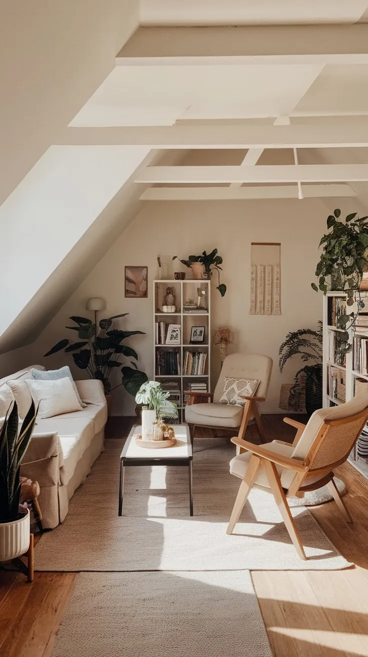 Ascend the stairs and discover your attic transformed: a stylish sanctuary where comfort reigns supreme, beckoning you to unwind amidst the inviting decor and bask in the room's serene, sun-drenched glow.