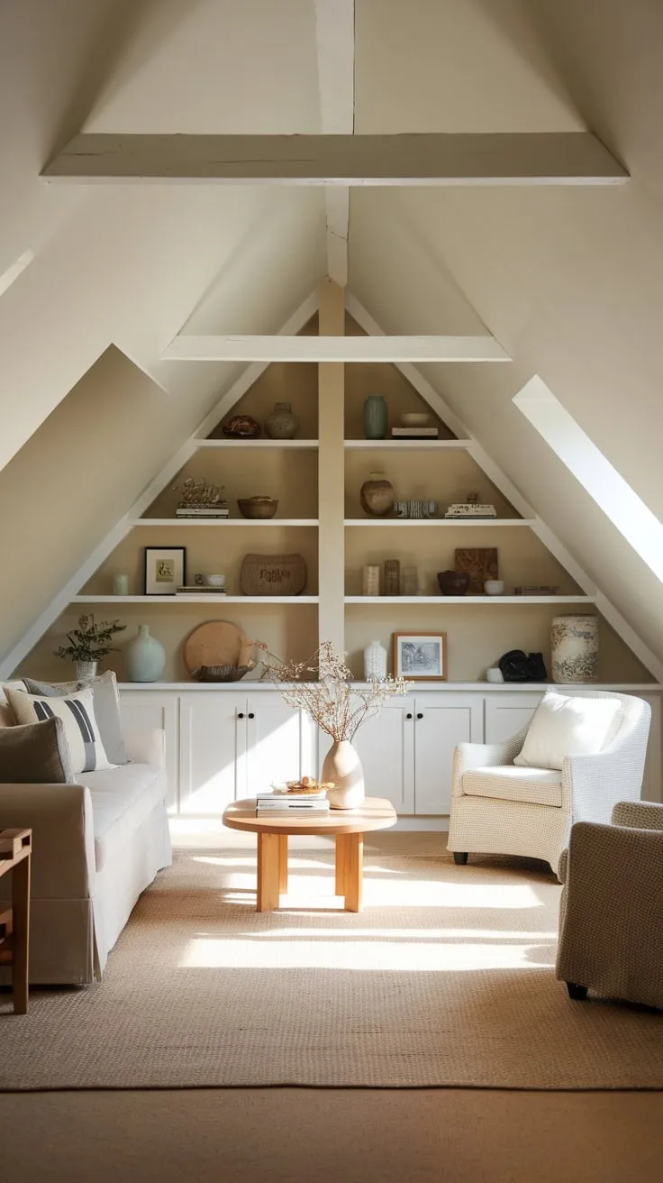 This attic living room exudes warmth and comfort, inviting you to unwind in its serene, neutral palette and thoughtfully arranged furnishings.