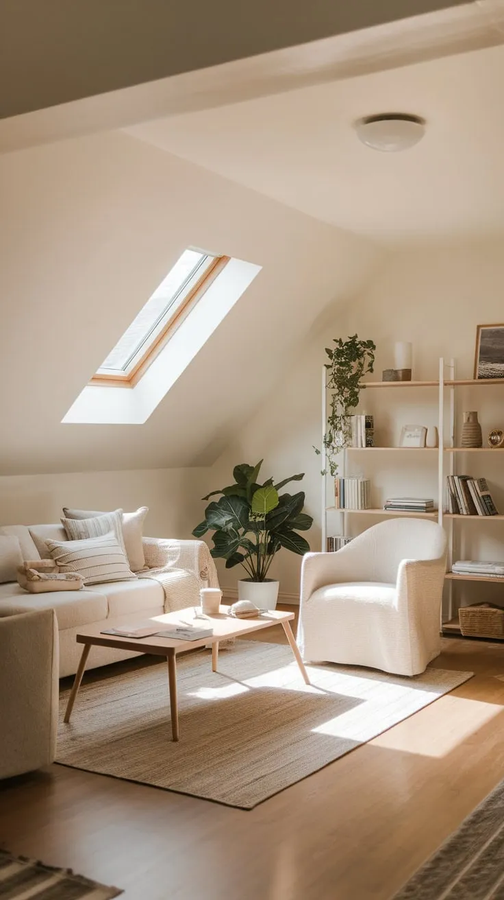 Sunlight streams through the dormer windows of this attic living room, bathing the exposed beams and plush furnishings in a golden glow, instantly wrapping you in a sense of serene escape and sparking a quiet hum of creativity within.