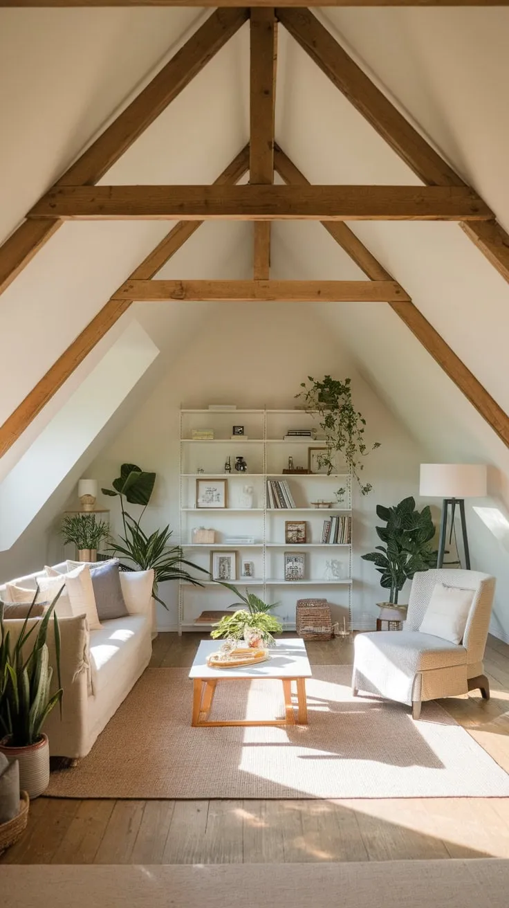 This attic living room beautifully combines comfort and style, with its thoughtfully arranged furniture and warm, inviting atmosphere created by the exposed wooden beams and carefully chosen decor.