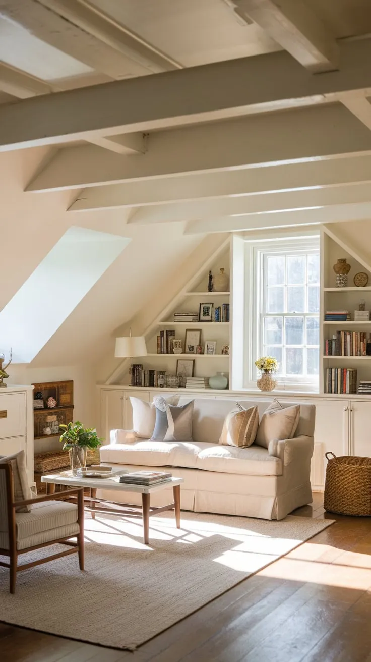 This well designed attic living room perfectly blends comfort and style, creating an inviting retreat that feels both spacious and intimate.
