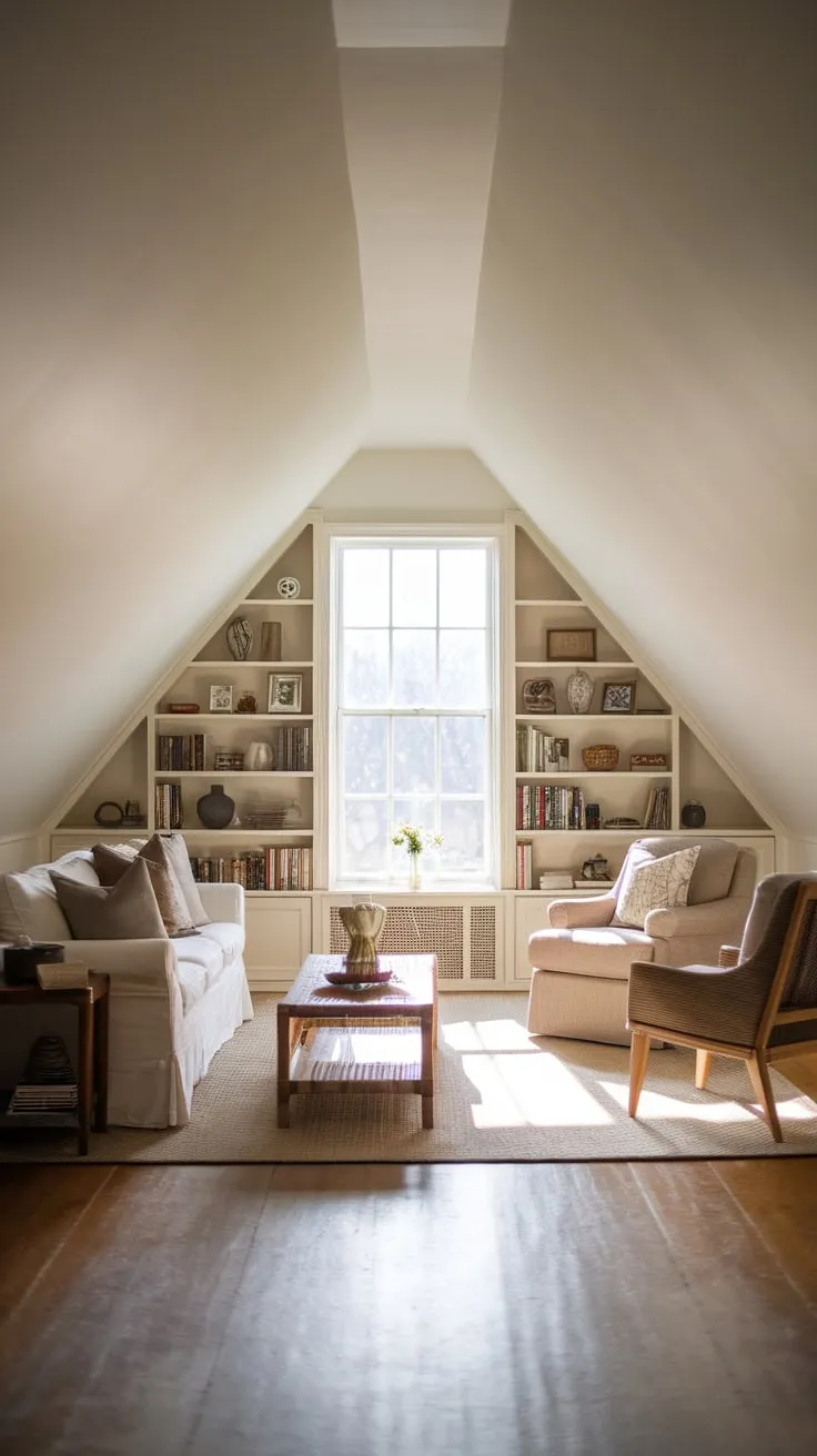 Sunlight streams through the dormer windows of your attic living room, where plush textures and curated art mingle, transforming the space into a sanctuary designed to both soothe your soul and ignite your imagination.