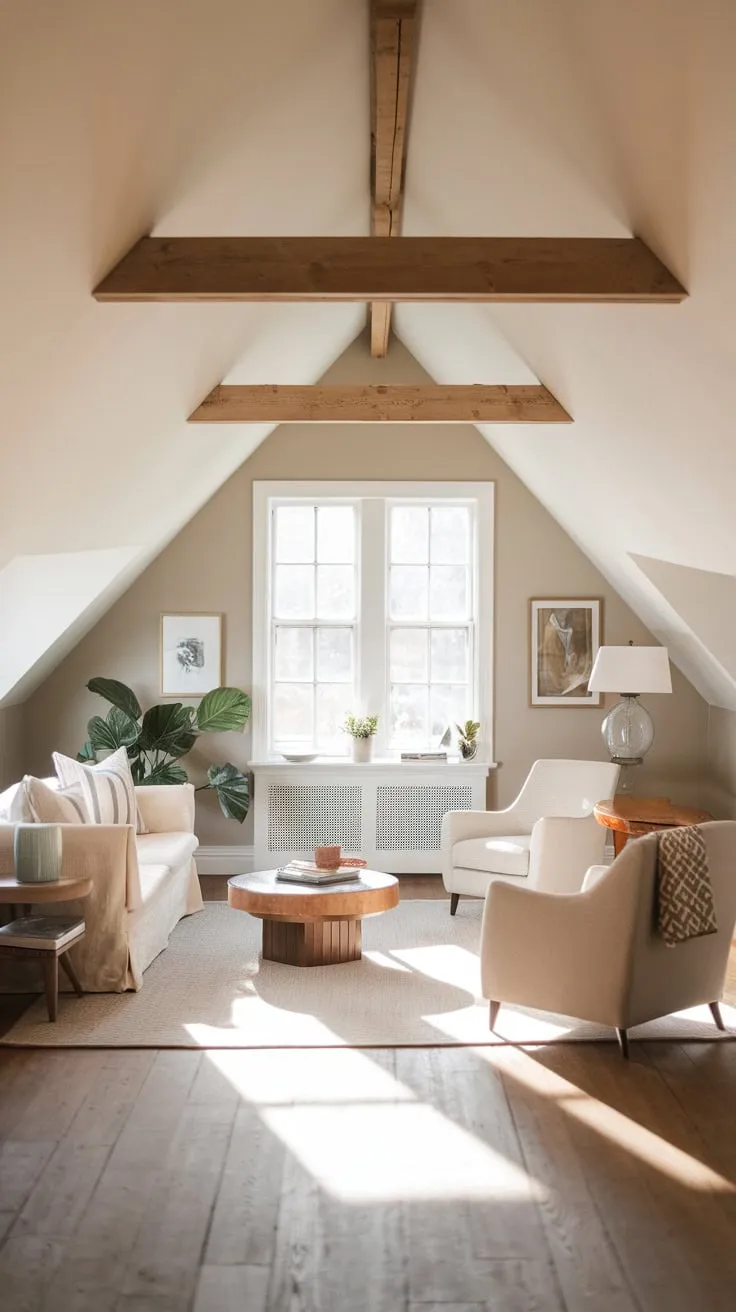 Sunlight streams through the dormer windows of this attic living room, bathing the exposed beams and plush furnishings in a golden glow, instantly wrapping you in a cocoon of warmth and beckoning you to unwind and let your imagination soar.