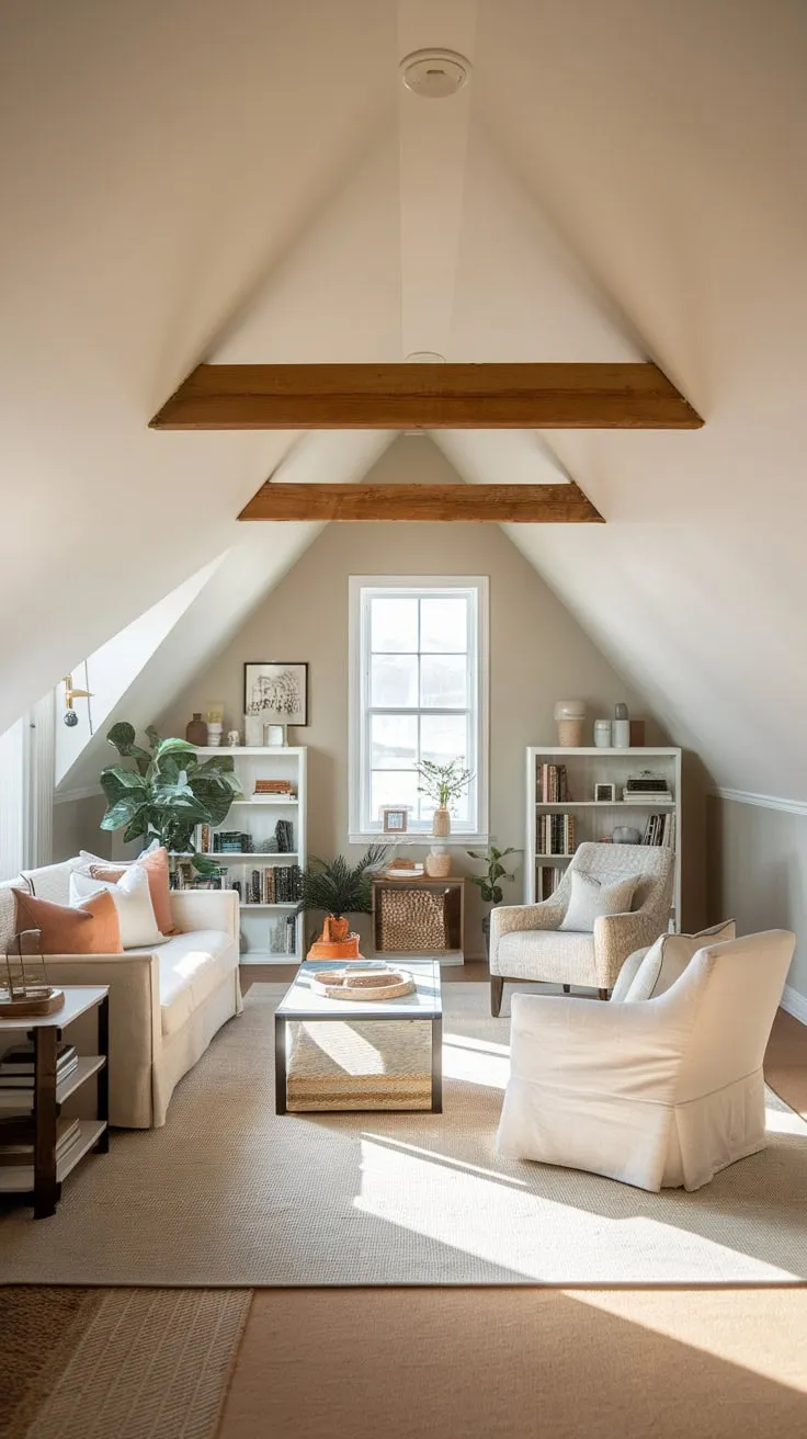 This attic living room exudes a serene charm, where the neutral palette and thoughtful decor create an inviting space perfect for relaxation and reflection.
