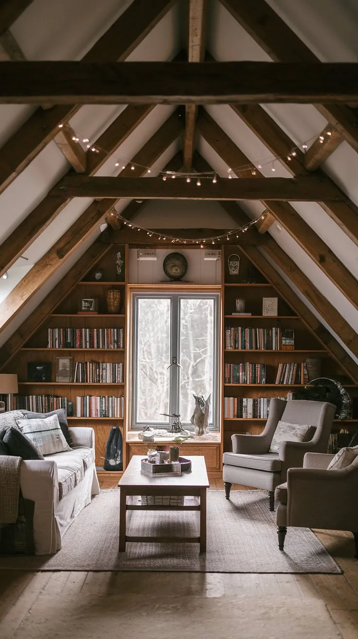 This attic family room, with its charming attic decor and comfortable attic seating area, is the epitome of cozy attic living.  The loft living space, bathed in the warm glow of fairy lights, offers a unique attic relaxation space perfect for unwinding.  Enjoy the rustic charm and inviting atmosphere of this thoughtfully designed attic interior design, an ideal attic entertainment area for both intimate gatherings and family fun.