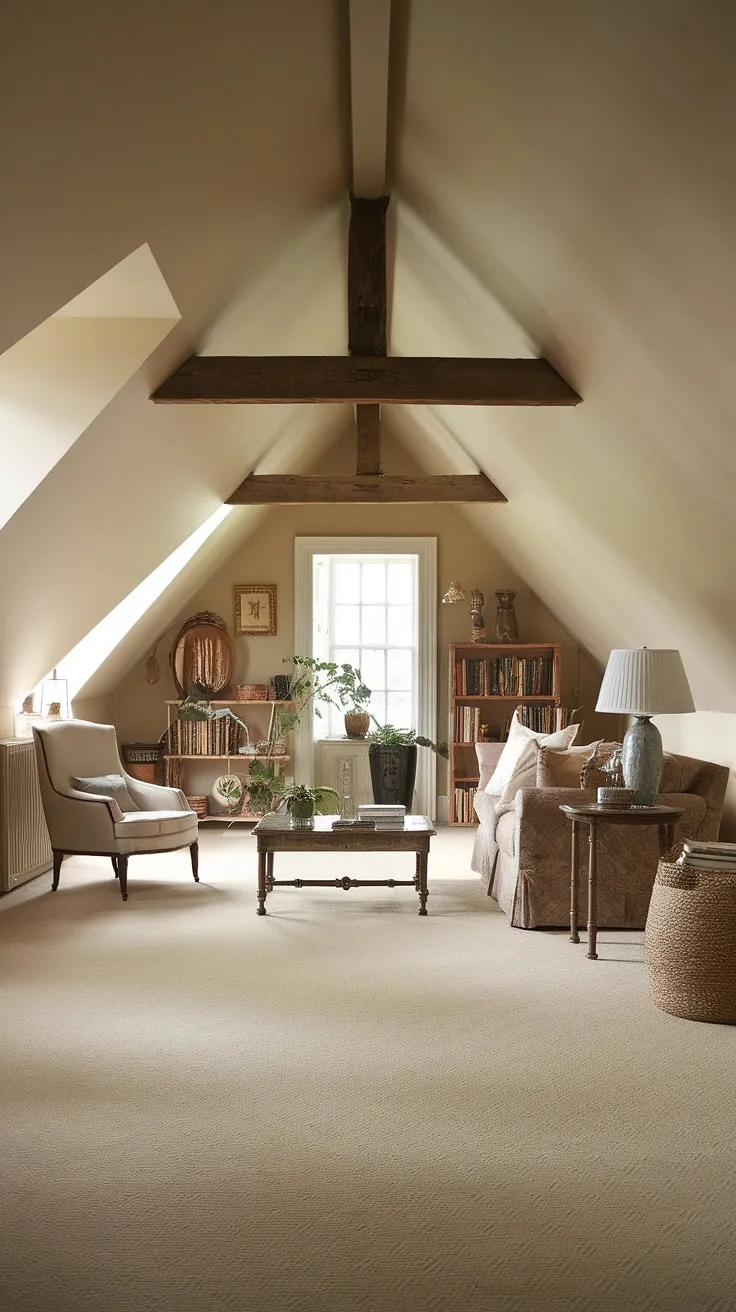 Escape to this enchanting attic lounge, a haven of tranquility nestled within the eaves.  The attic decor perfectly complements the sloping ceilings and exposed beams, transforming this attic living room into a unique and inviting attic entertainment area.  With its comfortable attic seating area and thoughtful touches, this cozy attic is the ultimate attic relaxation space.