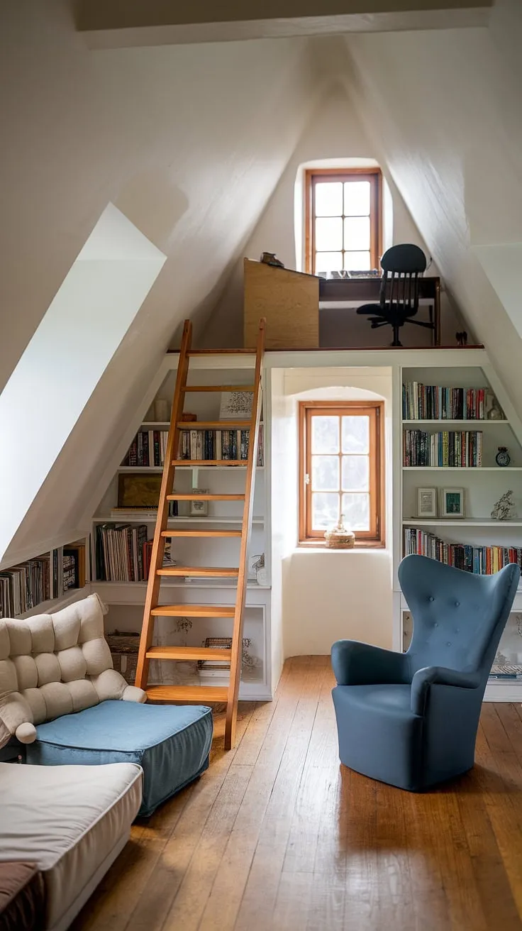 This cozy attic living room, with its charming attic seating area and inviting loft living space, offers the perfect attic relaxation space for quiet evenings or family gatherings. The attic interior design blends comfort and functionality, creating a unique attic family room and attic entertainment area where memories are made.