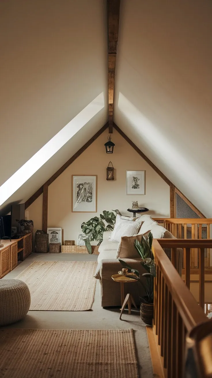 Escape to this enchanting attic relaxation space.  The attic living room's thoughtful design seamlessly blends comfort and style, featuring a dedicated attic seating area and a charming attic entertainment area within the loft living space.  This inviting attic family room showcases the beauty of attic decor and exemplifies stunning attic interior design.