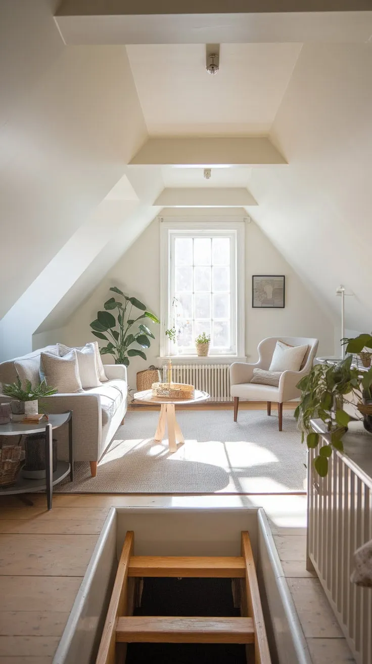 Step into your attic living room, a haven where thoughtful design marries cozy charm, transforming the angled ceilings and quirky corners into an unexpectedly airy and intimate escape.