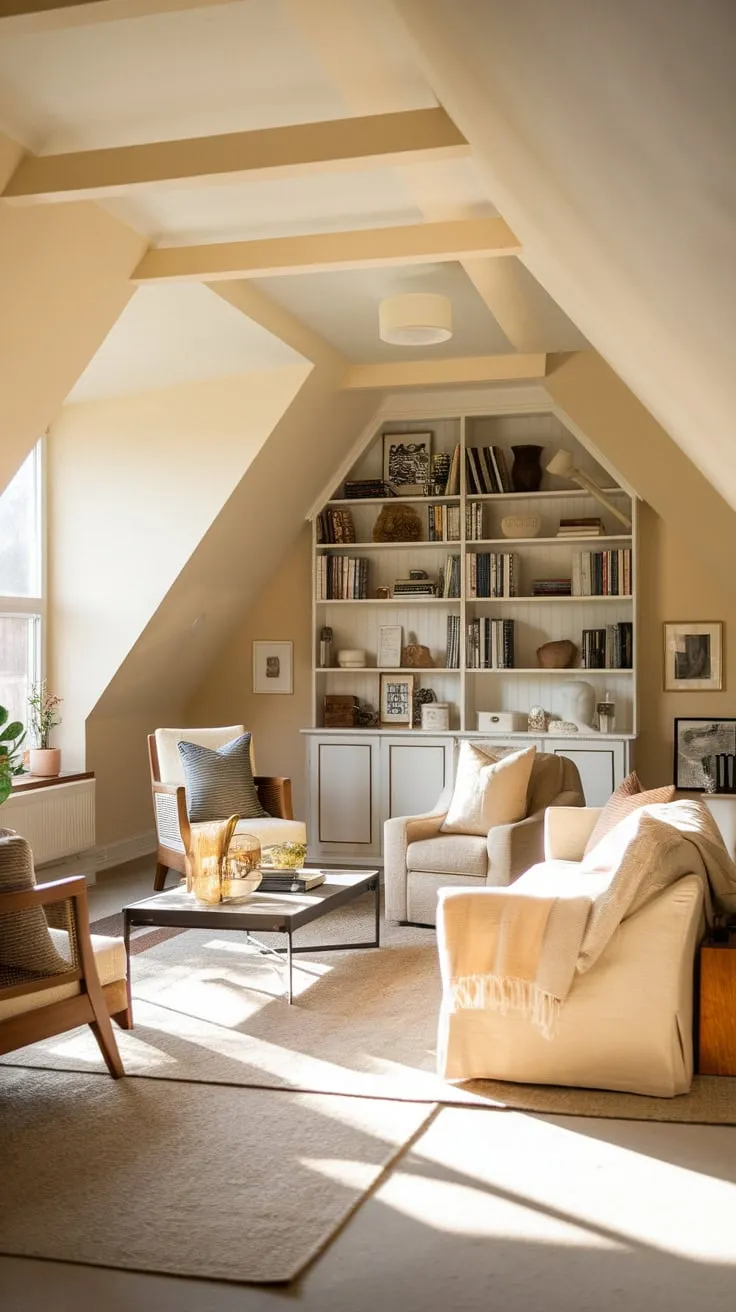The sloped ceilings of the attic embrace you like a warm hug, the living room a haven where the scent of aged wood and leather mingles with the promise of a captivating story, beckoning you to lose yourself in its cozy embrace and the thoughtfully arranged treasures that whisper of lives well-lived.