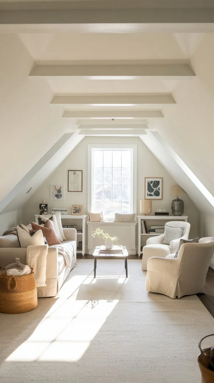 Step into the attic living room, where a symphony of soft neutrals and welcoming furniture orchestrates a peaceful sanctuary, a world away from the relentless rhythm of daily existence.