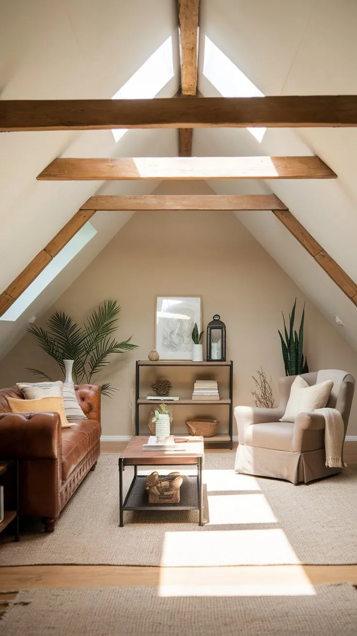 This attic living room beautifully combines comfort and style, with its warm leather sofa and carefully curated decor creating an inviting retreat in the heart of the home.