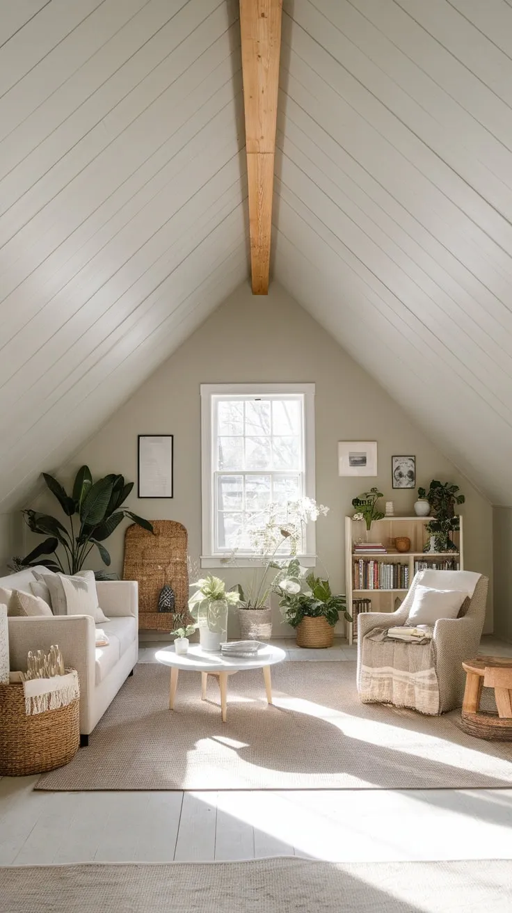 This attic living room exudes warmth and comfort, inviting you to unwind amidst its thoughtfully arranged furniture and soothing neutral tones.