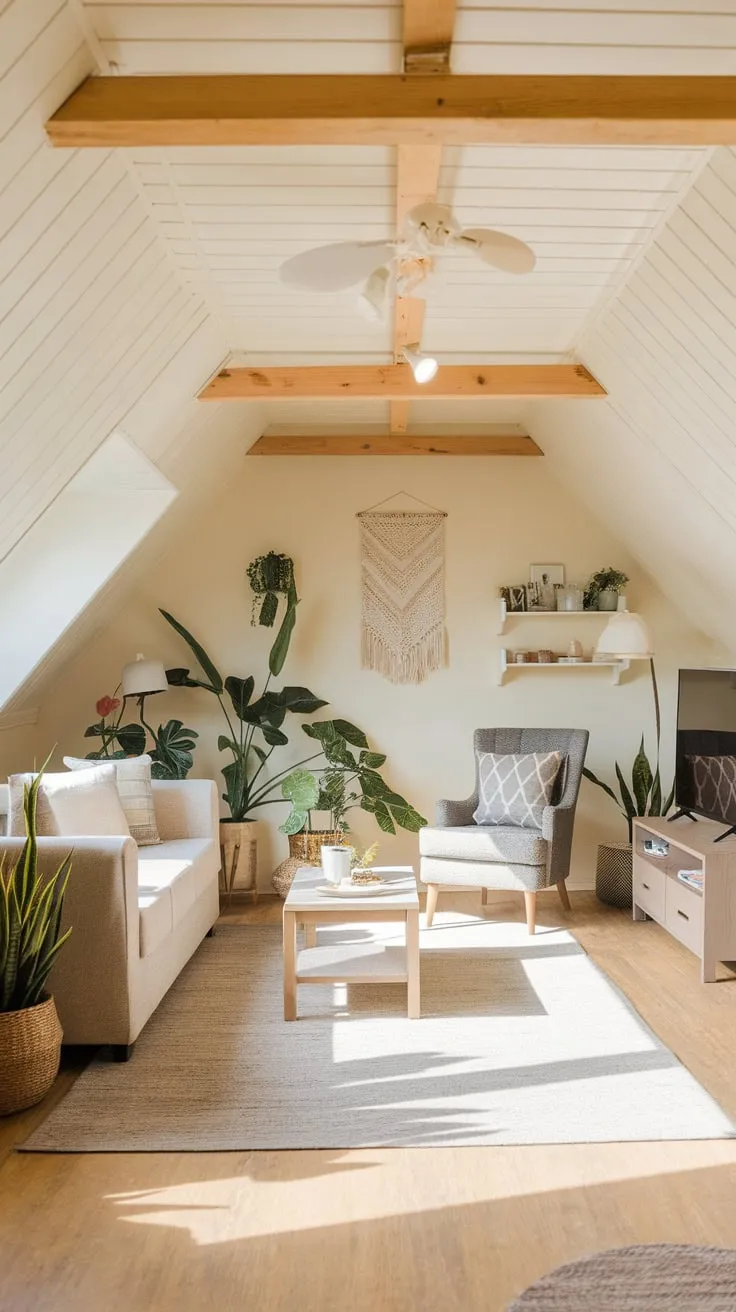 Sunlight streams through the dormer windows of the attic living room, bathing the carefully curated space in a golden glow that invites you to sink into the plush cushions and forget the world outside. Here, surrounded by the gentle slope of the roof and the soft textures of the furnishings, you'll find a sanctuary designed for pure, unadulterated bliss.