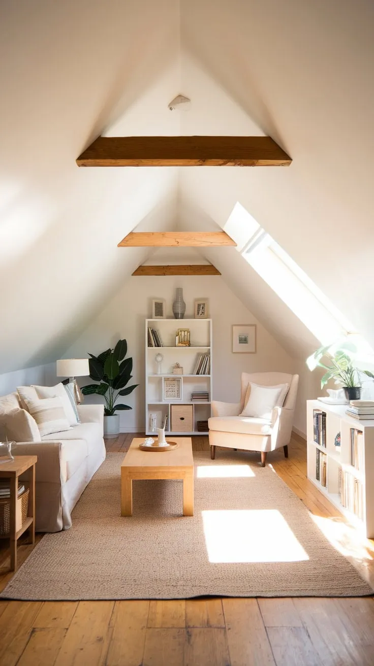 Ascend the stairs and discover your attic transformed: a living room where effortless style meets blissful comfort, a serene escape that envelops you in a cozy atmosphere and whispers promises of relaxation amidst its thoughtfully curated decor.