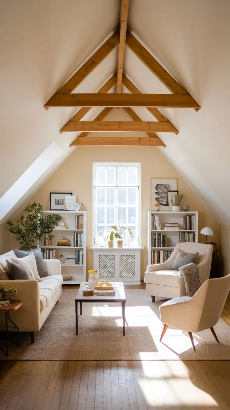 Sunlight streams through the dormer windows of your attic living room, where a comforting simplicity embraces you, beckoning you to sink into a plush armchair with a good book and let the world outside fade away.