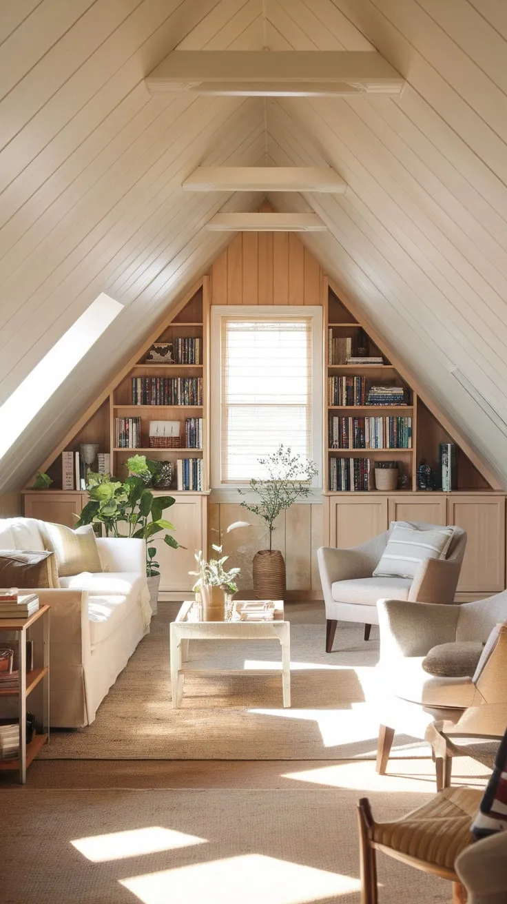Step into the attic living room, and you're immediately enveloped in a cocoon of warmth; the wood paneling glows softly, the furnishings beckon, promising a stylish and utterly comfortable retreat from the world below.