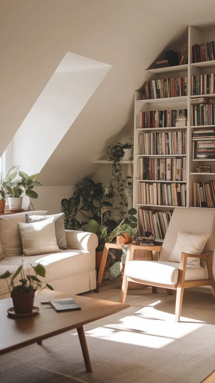 Sunlight streams through the dormer windows of your attic living room, where comfort and style dance together, transforming the space into a tranquil haven of plush textures and enveloping warmth.