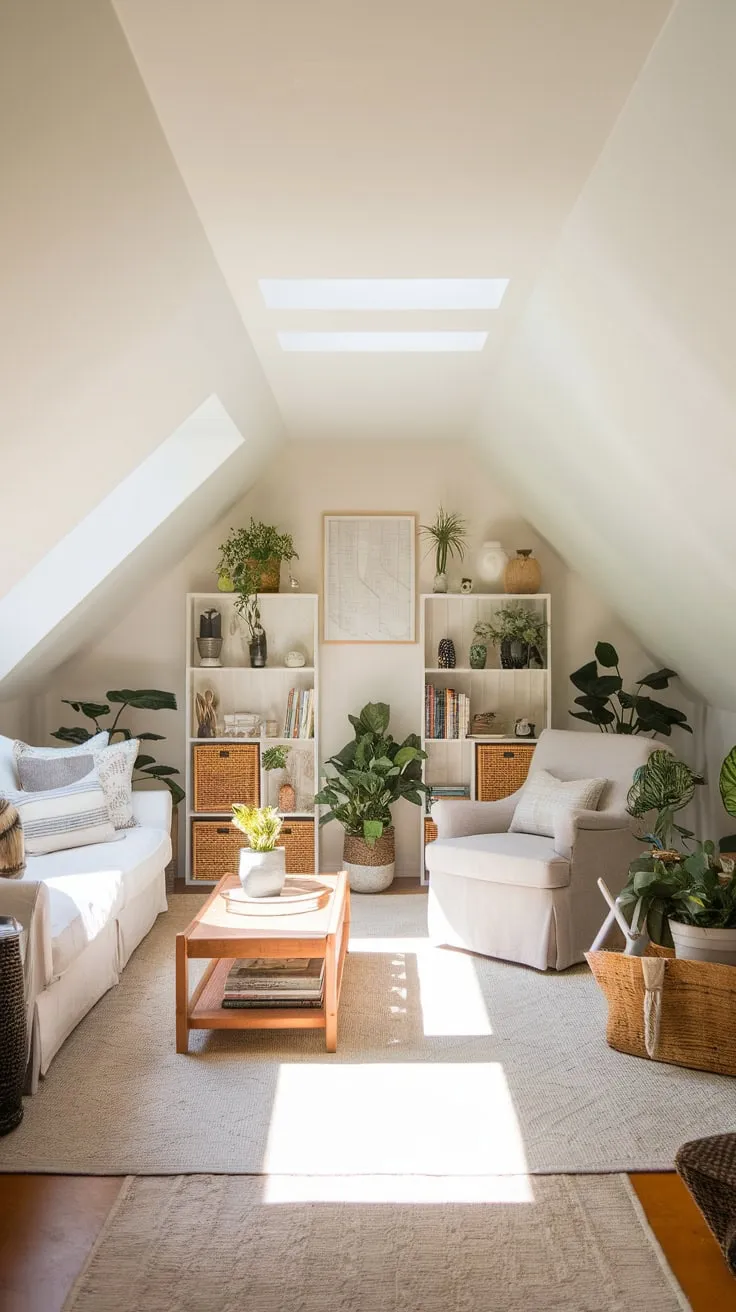 Sunlight streams through the dormer windows of the attic living room, beckoning you into a haven where plush textures and carefully chosen art conspire to spark both serenity and inspiration.