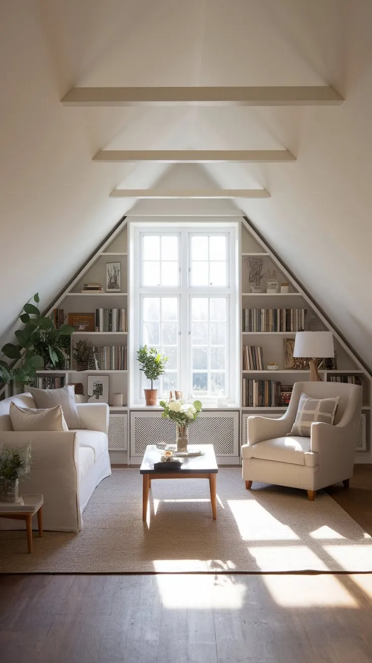 Sunlight streams through the dormer windows of your attic sanctuary, where plush textures and curated décor conspire to create a space that's both a haven for unwinding and a catalyst for your most inspired ideas.