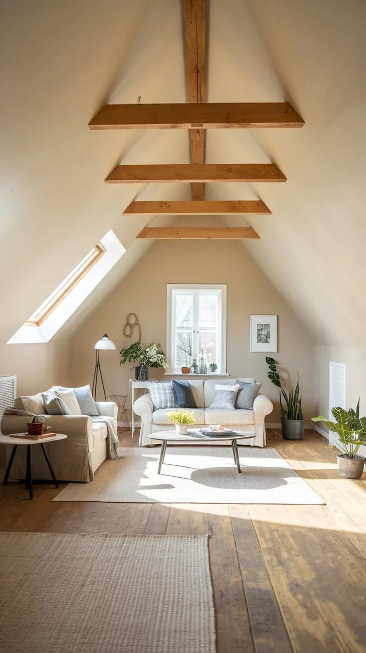 Step into the beautifully curated attic living room, where the warmth of the wooden beams embraces you and the soft, neutral tones whisper of tranquility, inviting you to lose yourself in a space that effortlessly marries comfort and chic design.