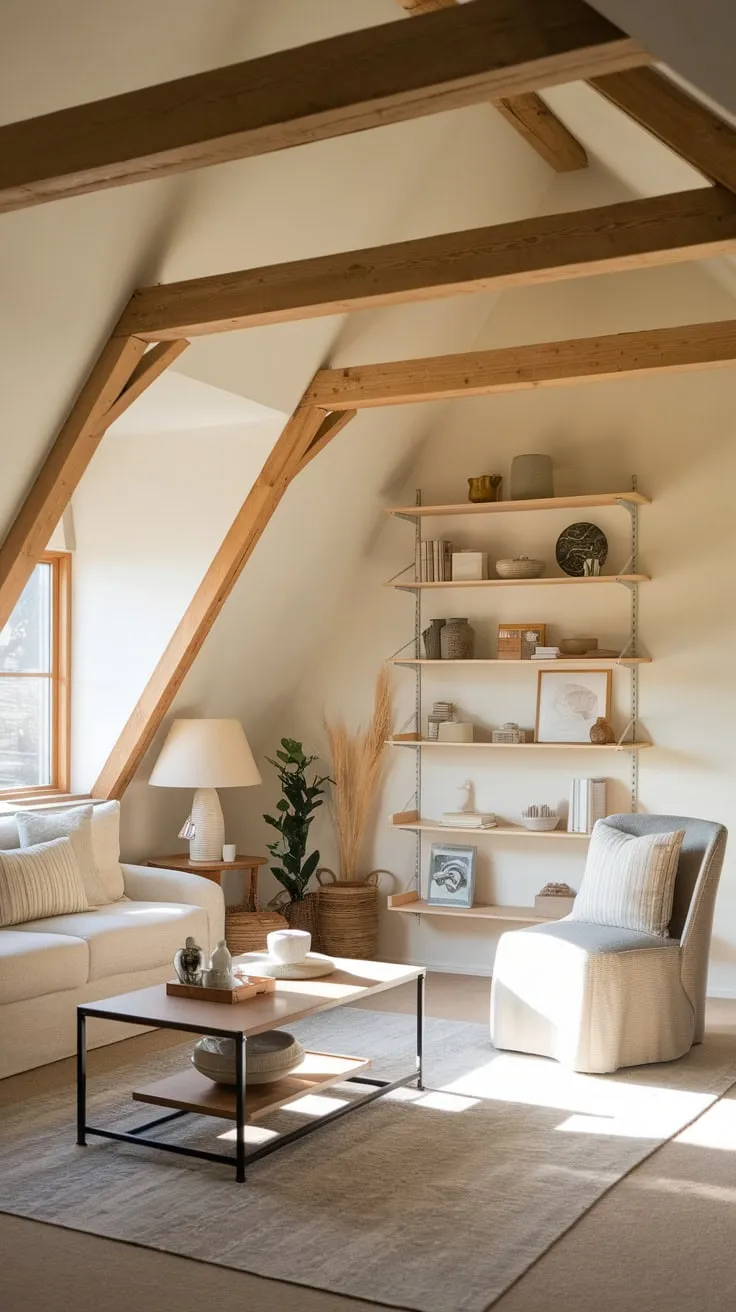 Ascend the stairs and discover a haven where charm dances in the air; this beautifully arranged attic living room beckons you to sink into its embrace, a sanctuary crafted for both peaceful contemplation and the unleashing of your inner muse.