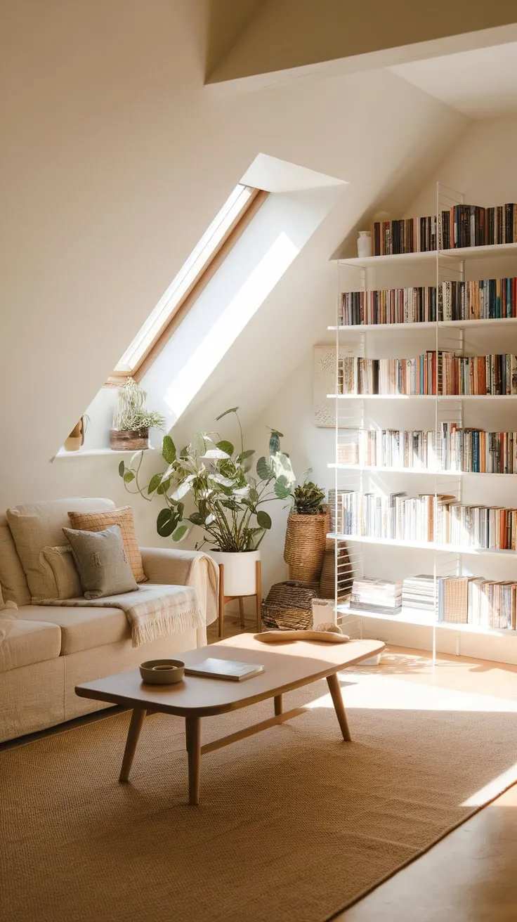 This well designed attic living room exudes warmth and tranquility, making it the perfect retreat for relaxation and reading.