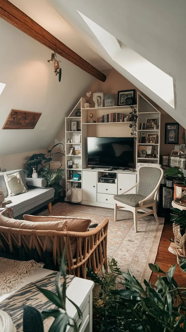 This attic lounge is the epitome of cozy attic living.  The thoughtful attic interior design and attic decor transform this attic living room into a welcoming attic relaxation space.  With a dedicated attic entertainment area and comfortable attic seating area, it's the perfect blend of style and functionality in this charming loft living space.