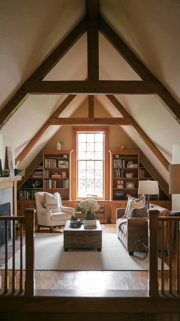 This cozy attic living room, with its exposed wooden beams and inviting fireplace, transforms this attic space into a stunning loft living space.  The attic seating area, perfect for relaxation, seamlessly blends attic interior design with comfortable family living.  This attic relaxation space offers the perfect blend of attic entertainment area and quiet retreat.