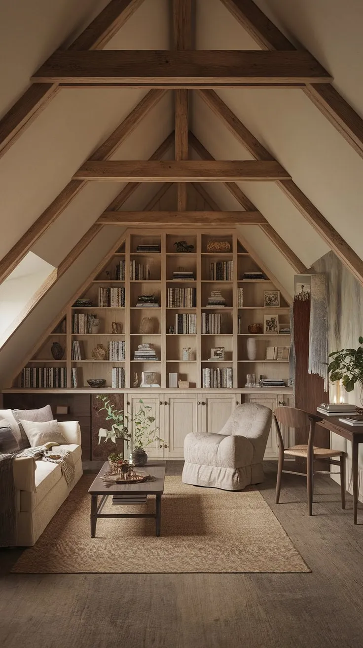 Escape to this cozy attic living room, a haven of rustic chic charm.  The loft living space boasts built-in shelves overflowing with books and treasures, creating the perfect attic relaxation space for quiet evenings or lively family gatherings. This attic family room seamlessly blends comfort and style, transforming this attic interior design into an attic entertainment area you'll never want to leave. The attic seating area invites you to unwind, while the warm lighting enhances the inviting atmosphere of this unique attic lounge.