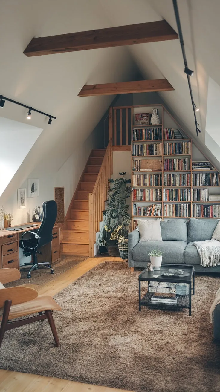 Escape to this cozy attic living room, a haven of comfort and style.  The loft living space seamlessly blends functionality and relaxation, with an attic seating area perfect for unwinding after a long day.  The attic interior design, complete with a charming attic lounge and dedicated attic entertainment area, creates a unique and inviting attic family room.