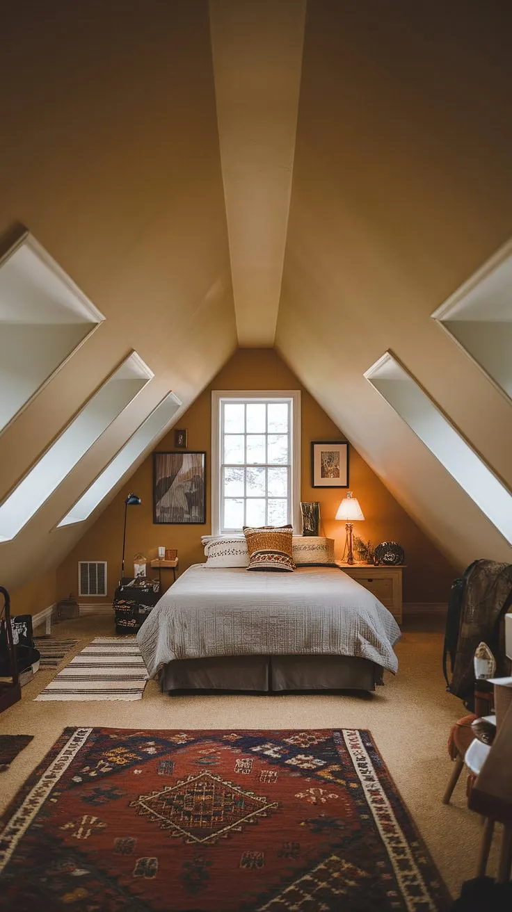 Cozy attic bedroom dreams realized in this charming attic loft room. The attic conversion created a perfect attic hideout with plenty of natural light from the attic with windows.