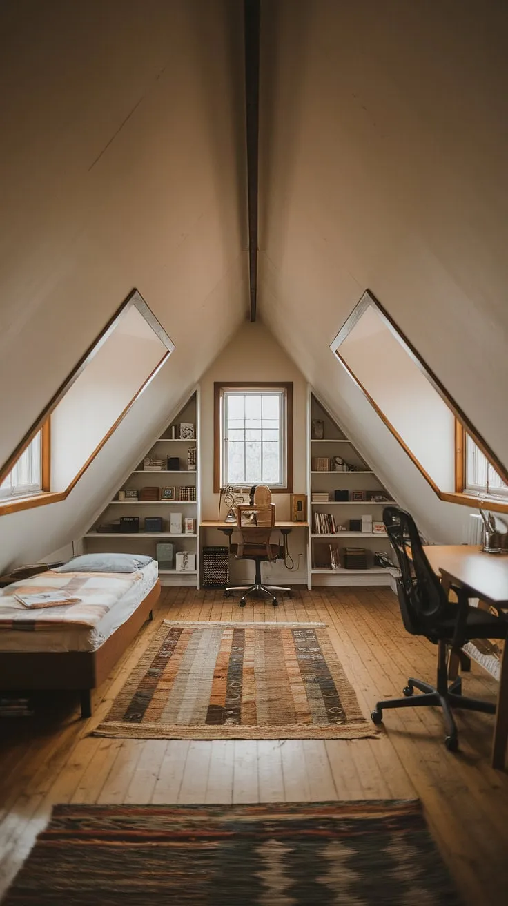 Cozy attic bedroom, a perfect attic hideout created by a stunning attic conversion. This attic room with windows offers a warm and inviting space.