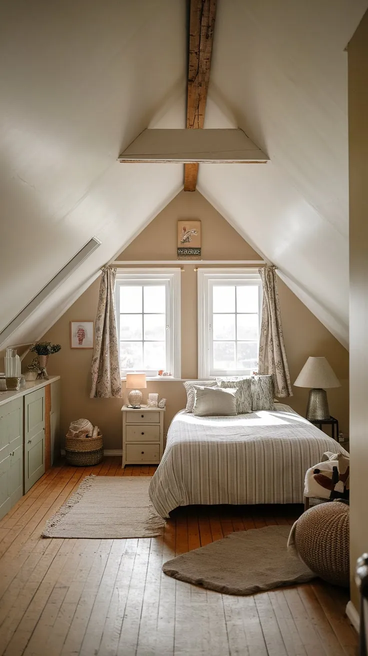 Cozy attic bedroom, a perfect attic hideout nestled under the eaves. This attic conversion boasts charming attic with windows and a tranquil atmosphere.