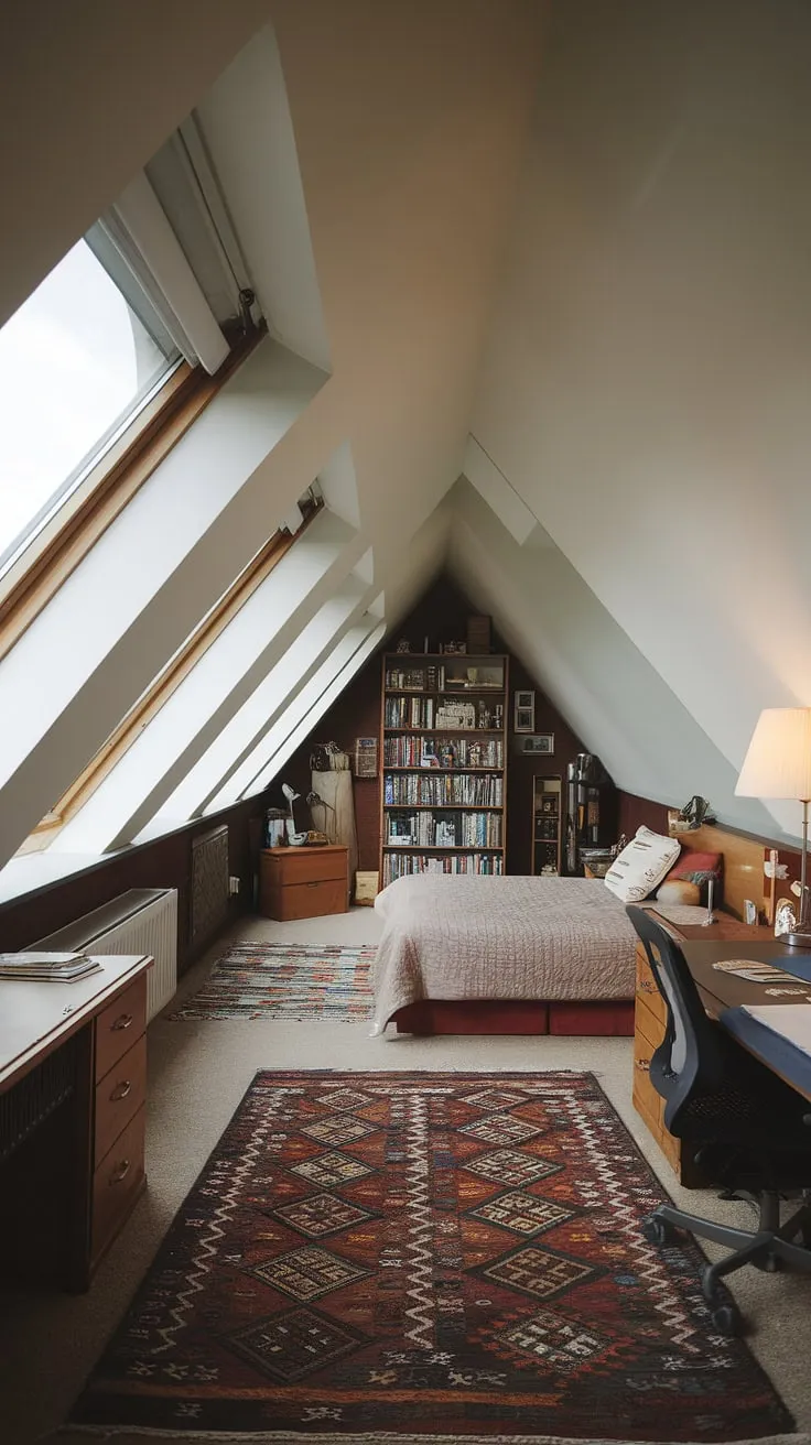 This attic with windows is more than just storage; it's a stunning attic bedroom! The attic renovation has created a light-filled space, complete with a comfortable bed, workspace, and ample shelving. This attic hideout offers a unique and peaceful escape, a testament to clever attic room design.