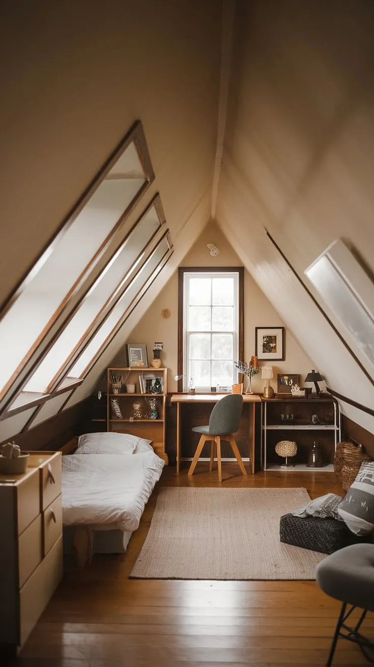 My cozy attic loft room: a perfect attic hideout, born from an attic conversion. The attic with windows floods the attic bedroom with light.