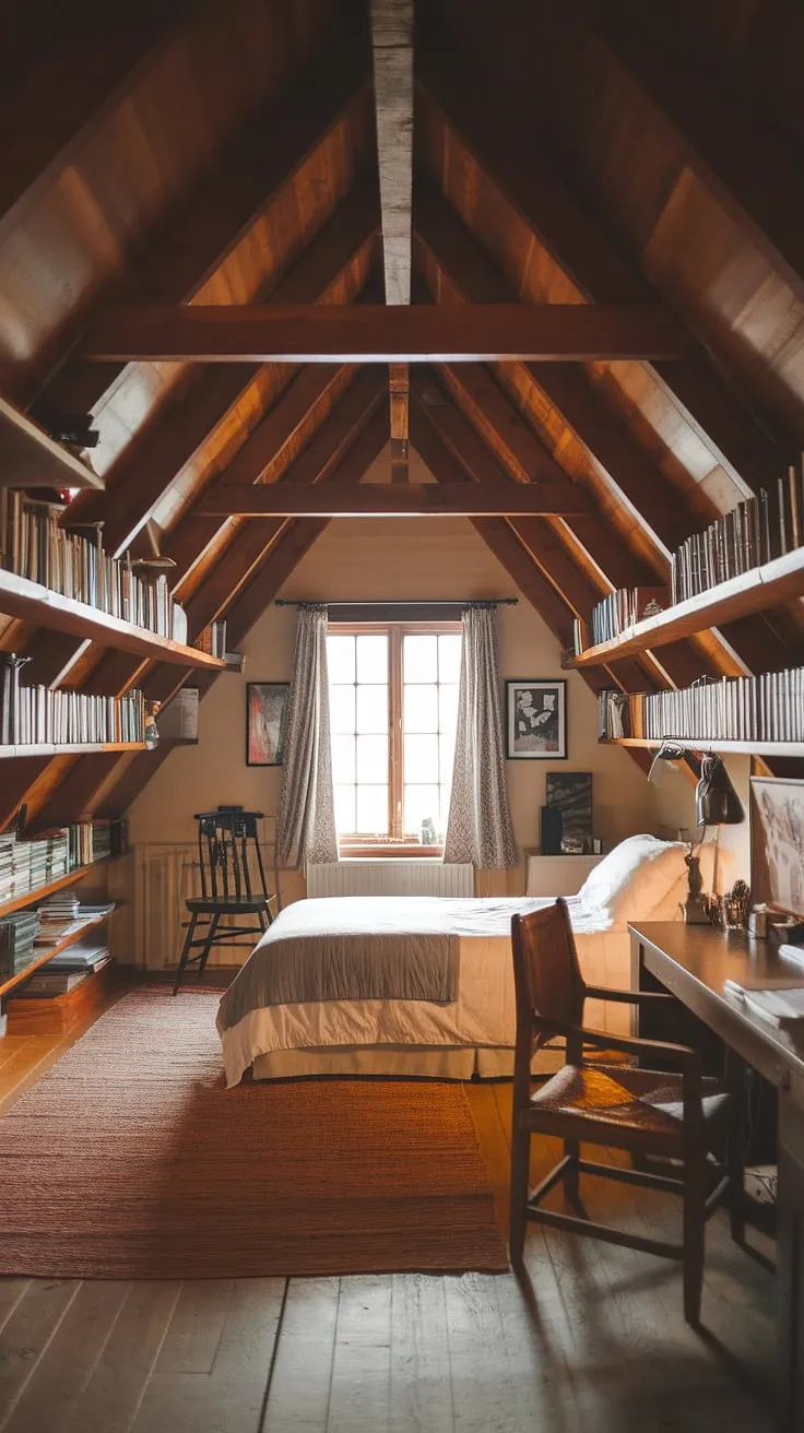 My cozy attic bedroom, a perfect attic hideout created by a stunning attic conversion. This attic room, with its charming attic with windows, is my favorite spot.
