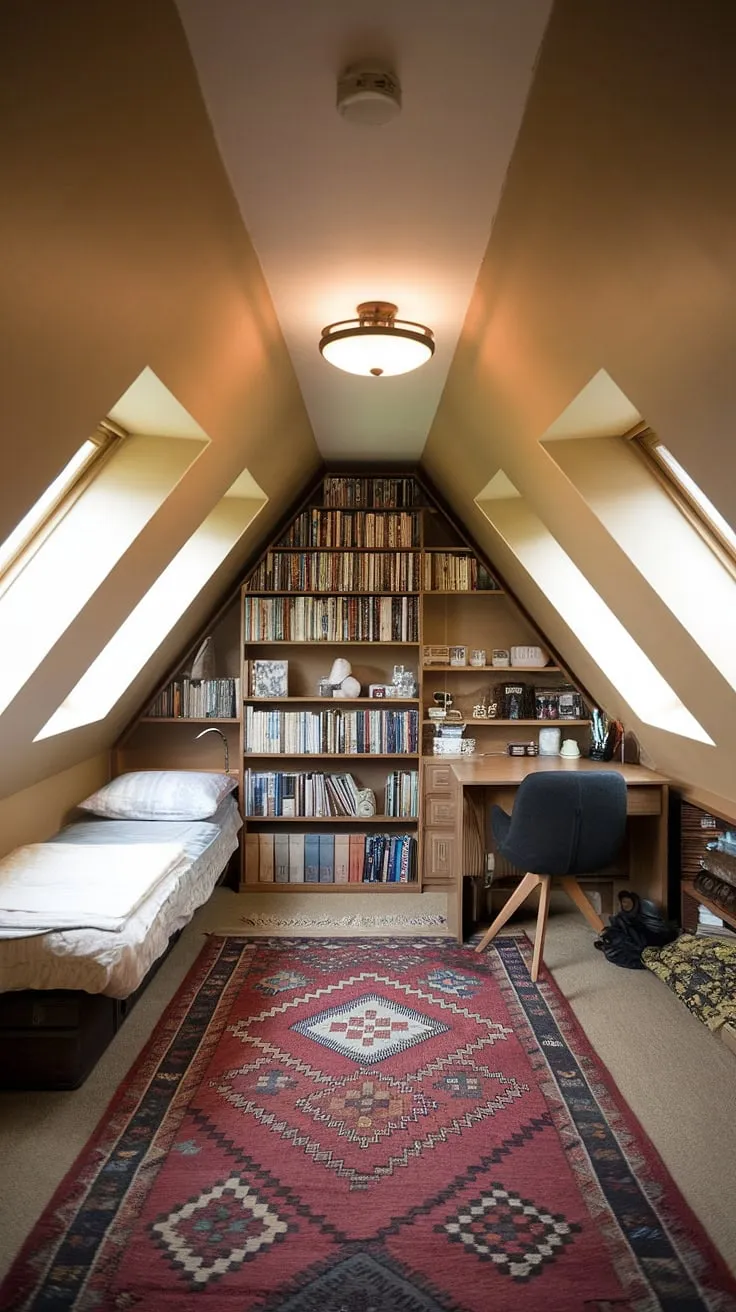 Sunlight streams through the three windows of this attic with windows, illuminating the thoughtfully designed attic bedroom. This attic renovation has created a peaceful attic hideout, perfect for quiet contemplation. A single bed, small desk, and chair are complemented by a bookshelf brimming with books, all set against warm beige walls in this cozy attic room.