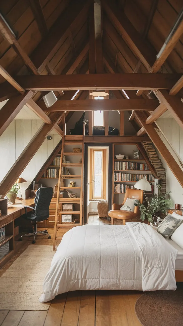 Sunlight streams through the many windows of this charming attic bedroom, illuminating the exposed wooden beams and cozy reading nook. A wooden ladder ascends to a small loft area, adding to the whimsical appeal of this attic conversion. The successful attic renovation has created a peaceful retreat, a true attic hideout perfect for relaxation and quiet contemplation. This attic room is a testament to thoughtful design and the magic of transforming unused space.