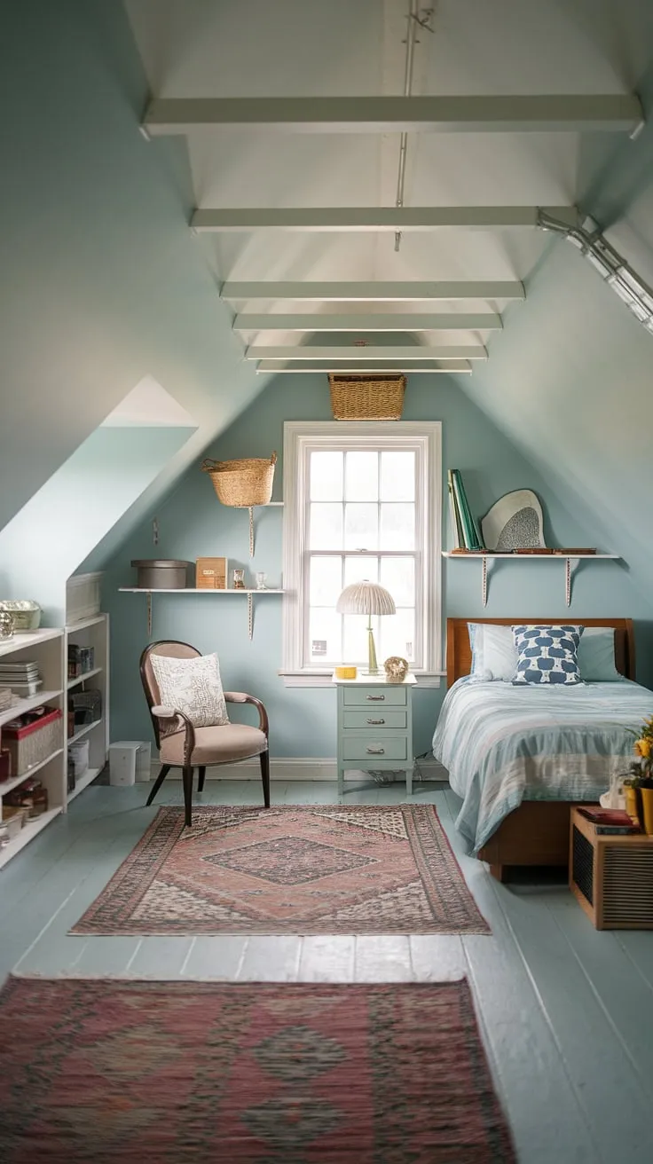 This attic renovation transformed unused space into a stunning attic with windows. The result? A dreamy attic bedroom and seating area, perfect for relaxing. The carefully chosen decor and clever use of space make this attic room feel spacious and inviting, a true attic hideout.