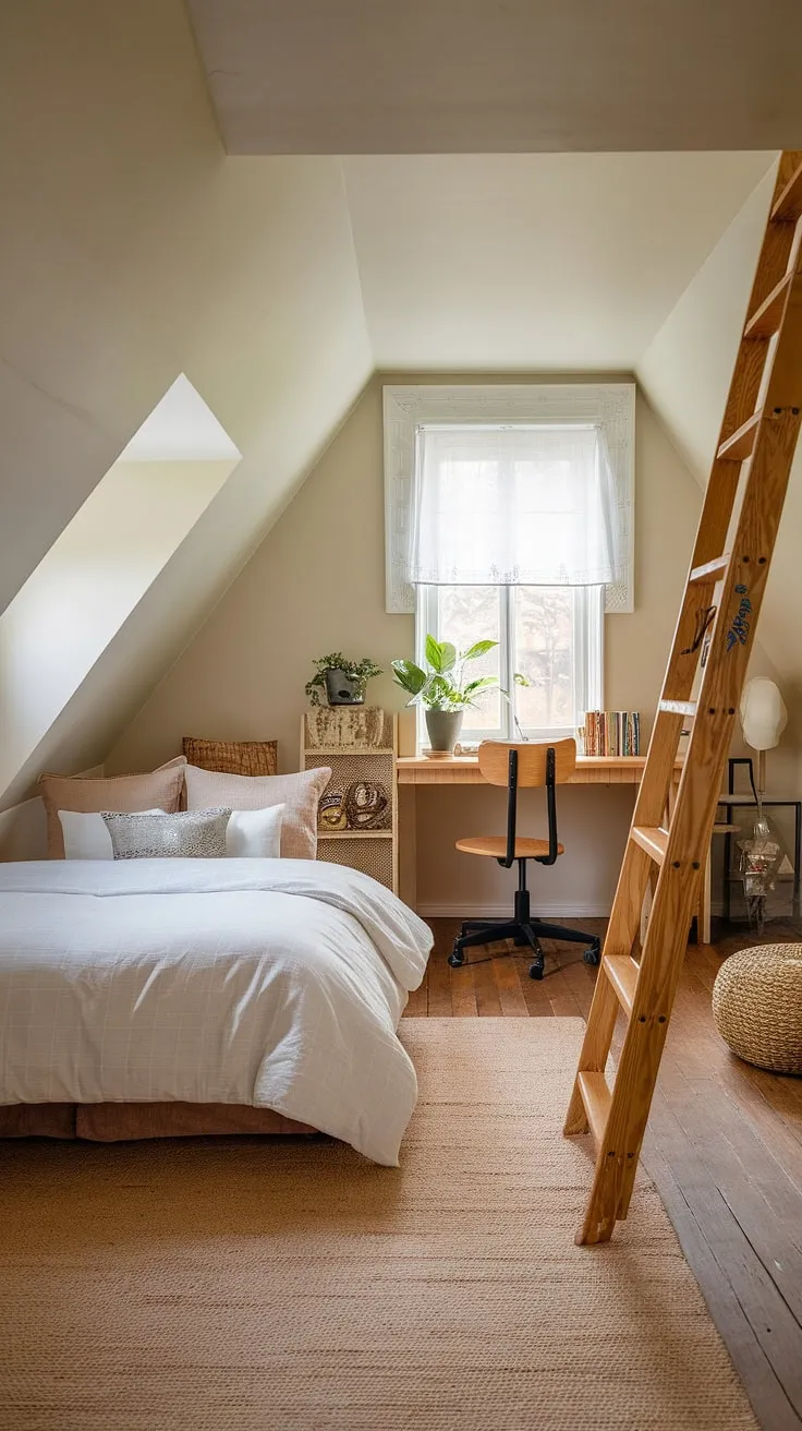 This attic conversion is the ultimate attic hideout: a cozy attic bedroom and sitting area, perfect for quiet evenings. The attic with windows floods the attic room with natural light.