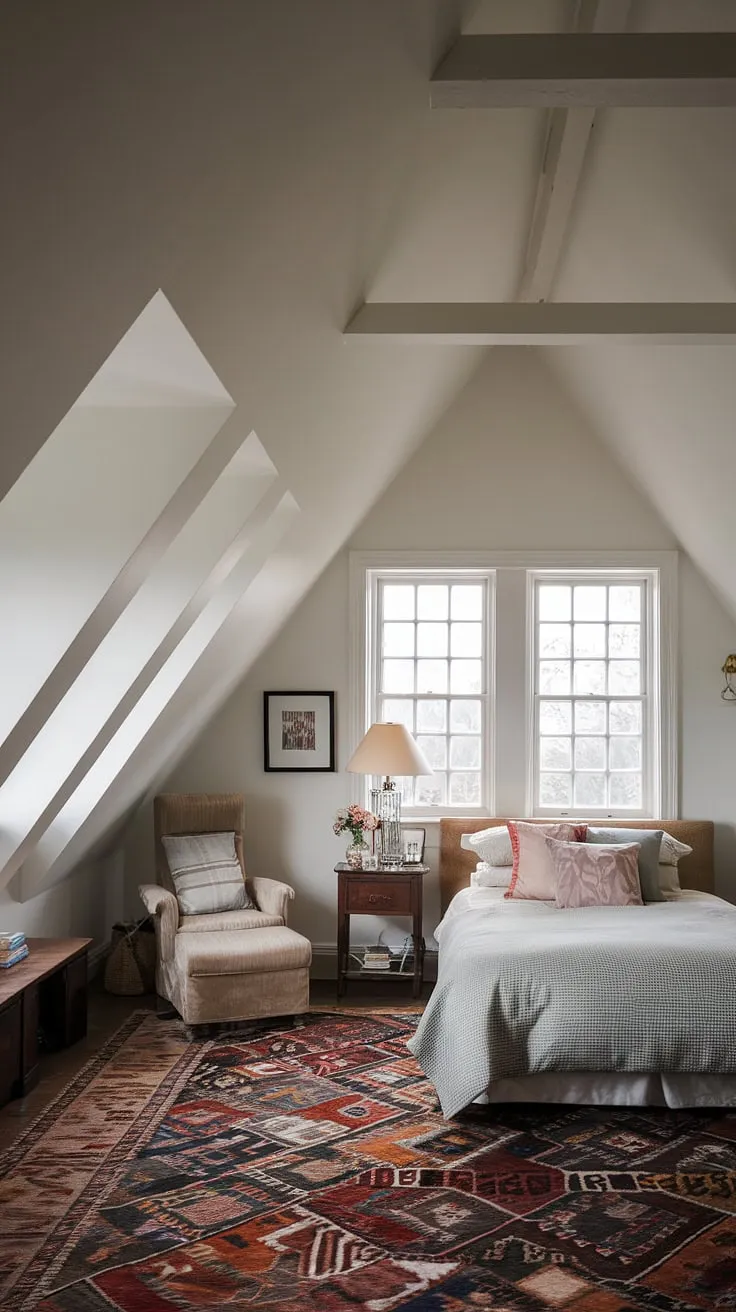 Sunlight streams through the multiple windows of this charming attic room, illuminating a cozy attic bedroom complete with a double bed, nightstand, and reading chair. The successful attic conversion and renovation have transformed this attic hideout into a peaceful retreat. The patterned rug adds warmth to the white-walled space.